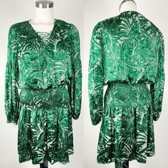 WHITE HOUSE BLACK MARKET Sz Small Lace Up Green Floral Sheen Smocked Dress - Picture 1 of 6